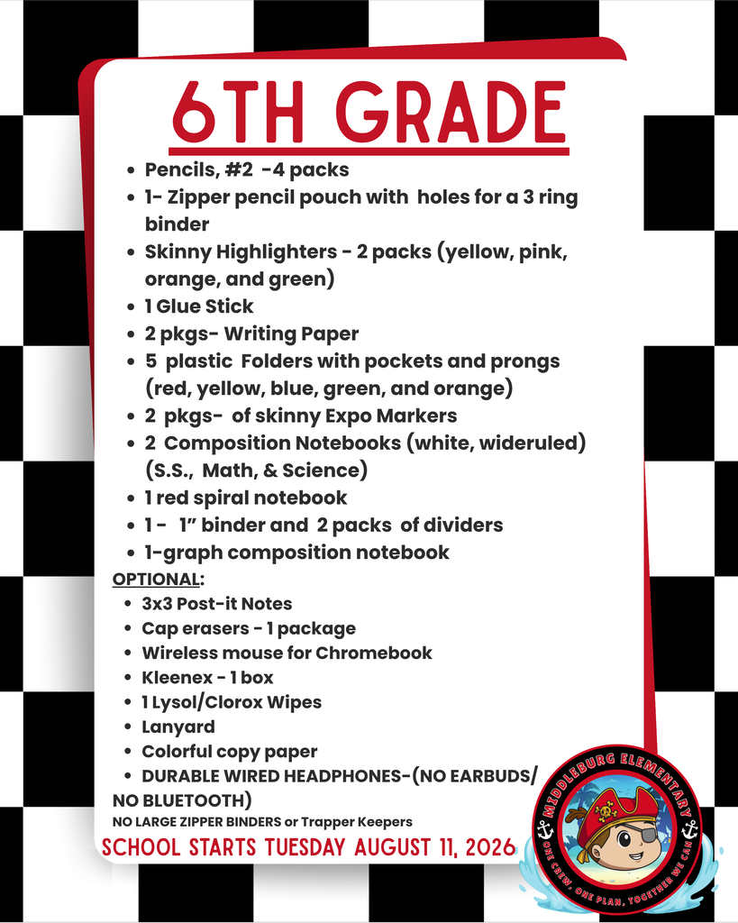 Black and white checkered background with red border. Text reads "6TH GRADE" with a list of school supplies and optional items.