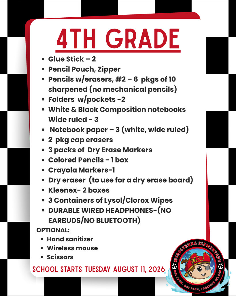 Checklist for fourth graders includes supplies like glue sticks, pencils, folders, and more. Background is black and white checkered.