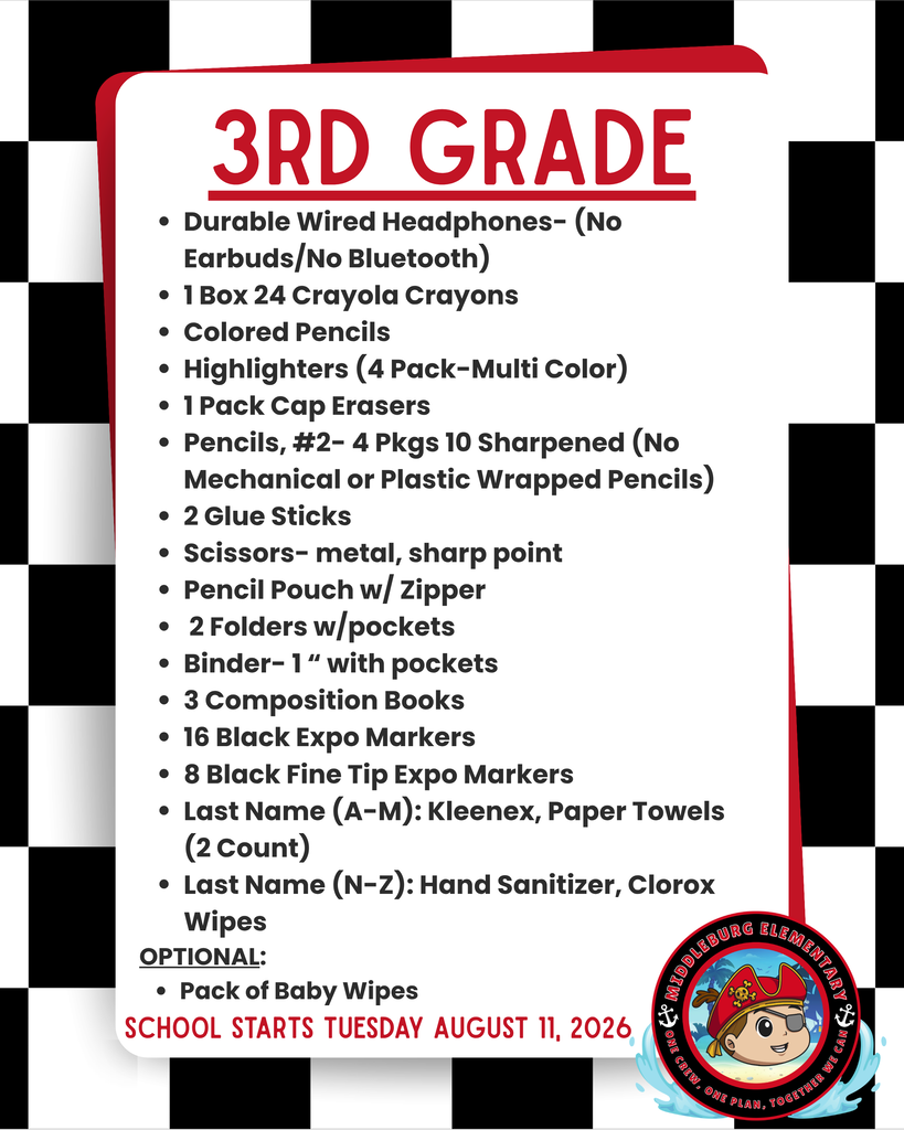 A list of school supplies needed for third graders, including colored pencils, scissors, and various other items.