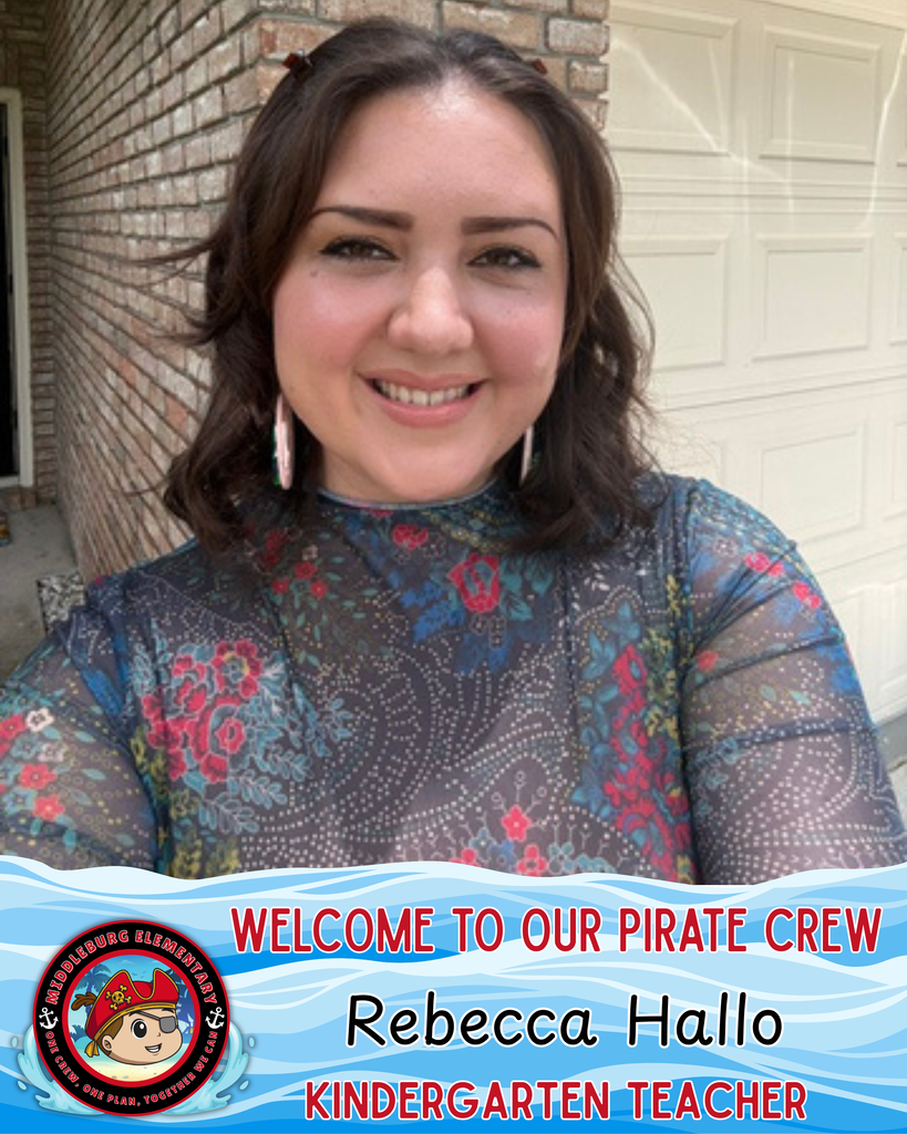 Woman with brown hair smiling in front of a brick wall and white garage door, wearing a floral dress. Text reads "Welcome to our Pirate Crew, Rebecca Hallo, Kindergarten Teacher."