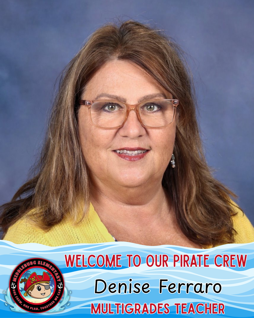 A smiling woman with glasses and long hair, wearing a yellow top, against a blue background. Text reads "Welcome to Our Pirate Crew Denise Ferraro Multigrades Teacher".