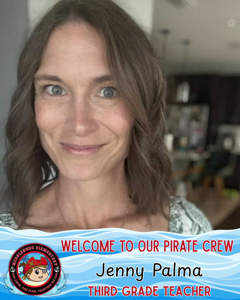 A smiling woman with brown wavy hair and blue eyes. She wears a white top. Text reads "Welcome to our pirate crew Jenny Palma Third Grade Teacher".