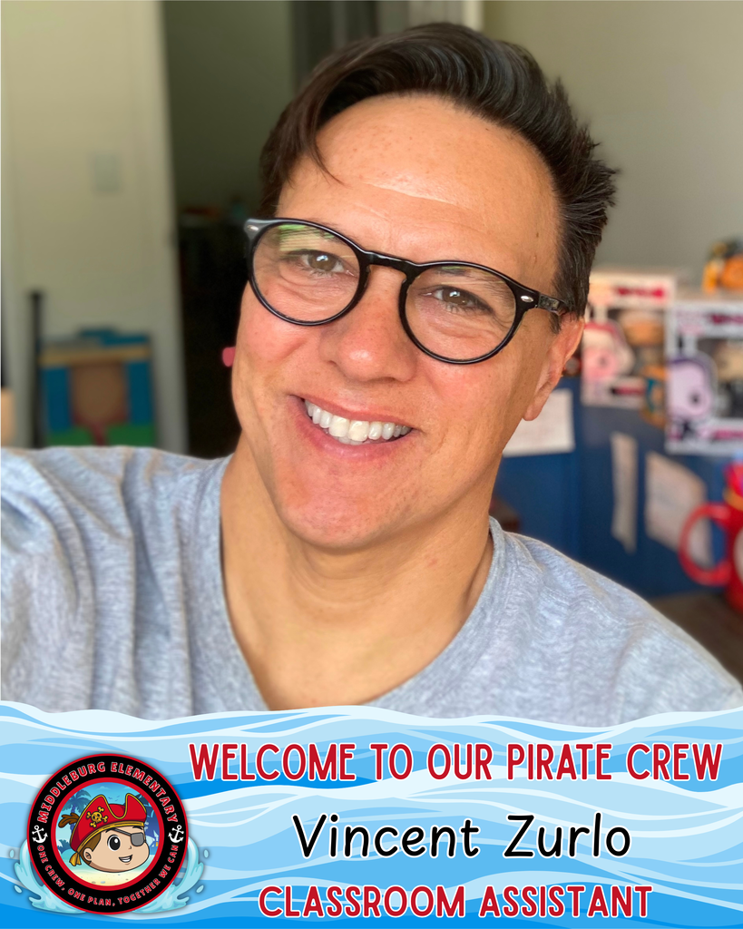 A smiling person with glasses wearing a gray shirt. The background shows toys and shelves. Text reads "Welcome to Our Pirate Crew".
