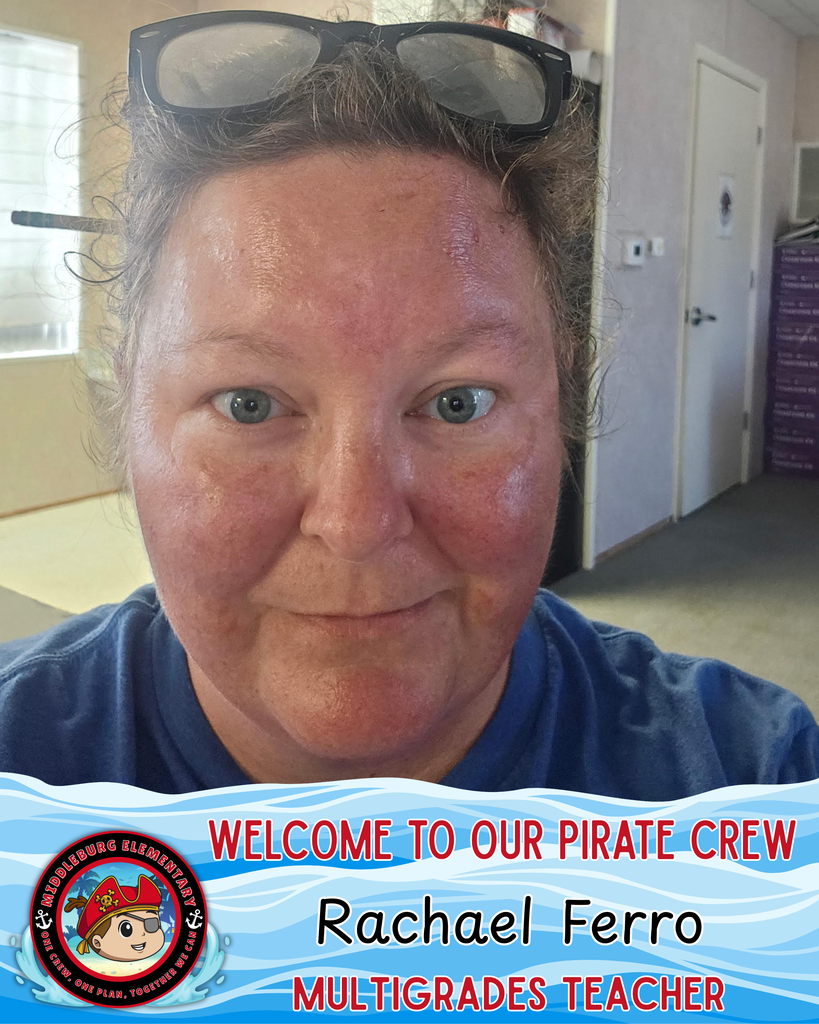 A smiling woman with glasses on her head and a blue shirt. Text reads "Welcome to Our Pirate Crew Rachael Ferro Multigrades Teacher".
