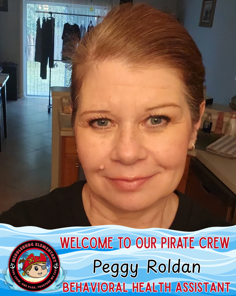 A smiling woman with short red hair en. A blue banner below reads "Welcome to our Pirate Crew Peggy Roldan Behavioral Health Assistant."