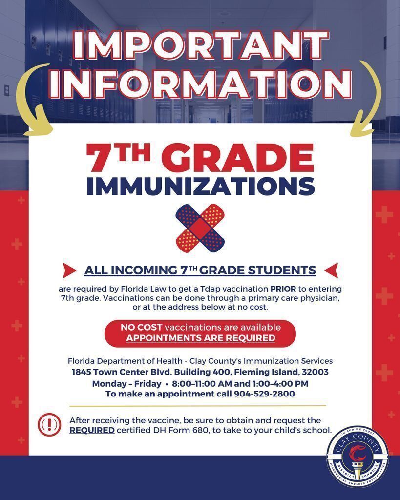 Flyer with a blue background, red and white text stating "Important Information" and "7th Grade Immunizations".