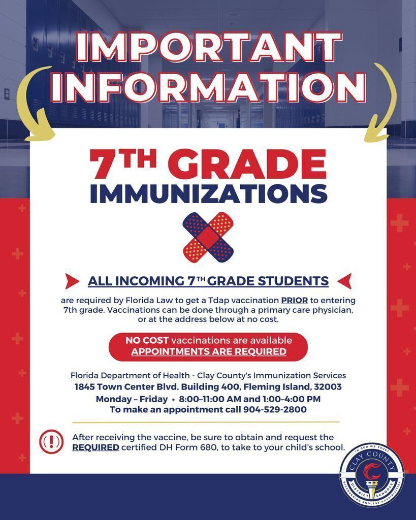 Flyer with a blue background, red and white text stating "Important Information" and "7th Grade Immunizations".