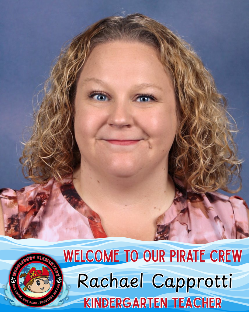 A smiling woman with blonde curls in a pink blouse. Blue background with "Welcome to our Pirate Crew" text.