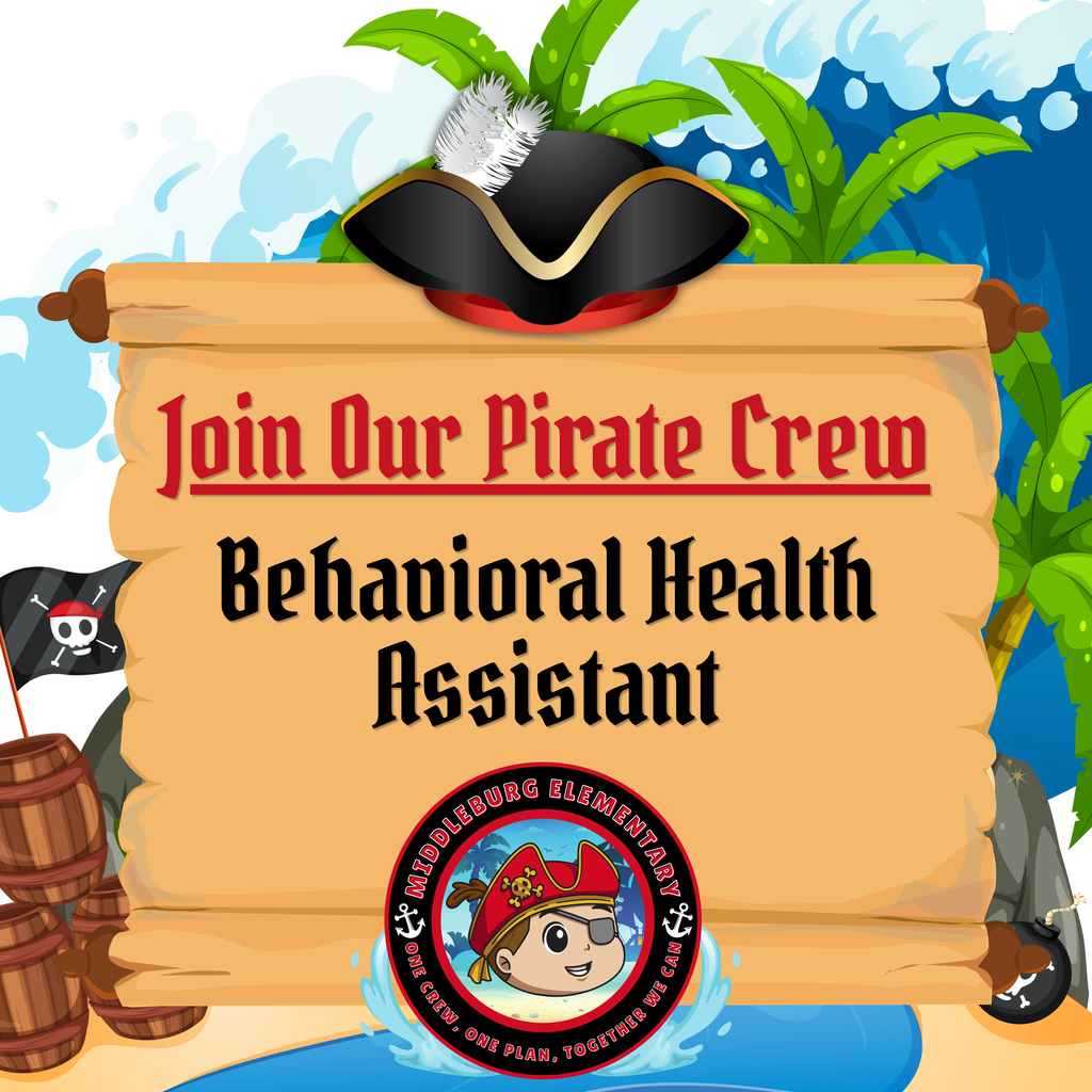 An advertisement for a Behavioral Health Assistant with a pirate theme. A scroll is titled "Join Our Pirate Crew" with a cartoon pirate hat.