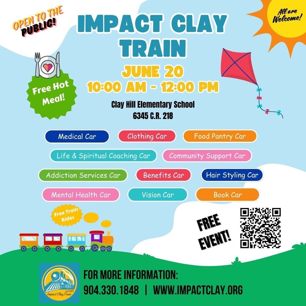 Bright green banner with the title "Impact Clay Train" and details. QR code, phone number, and website.