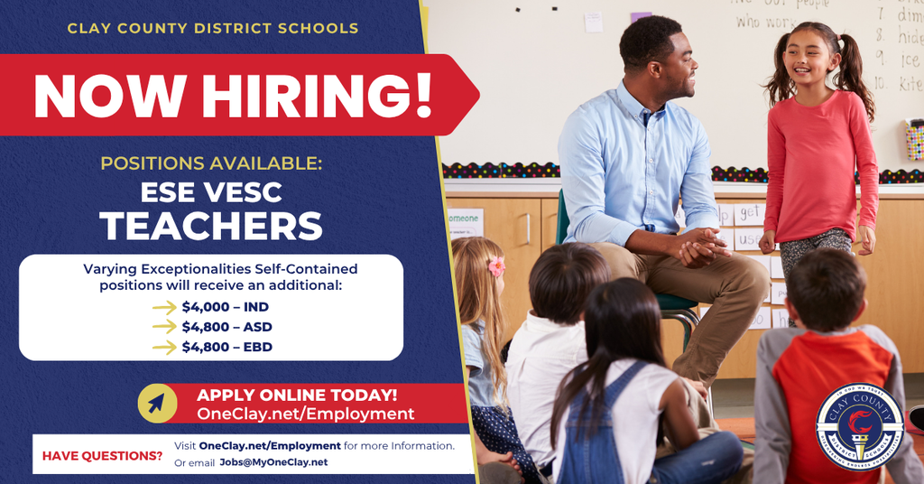 A recruitment poster displays a man and girl in a classroom. The man is seated, and children surround him.