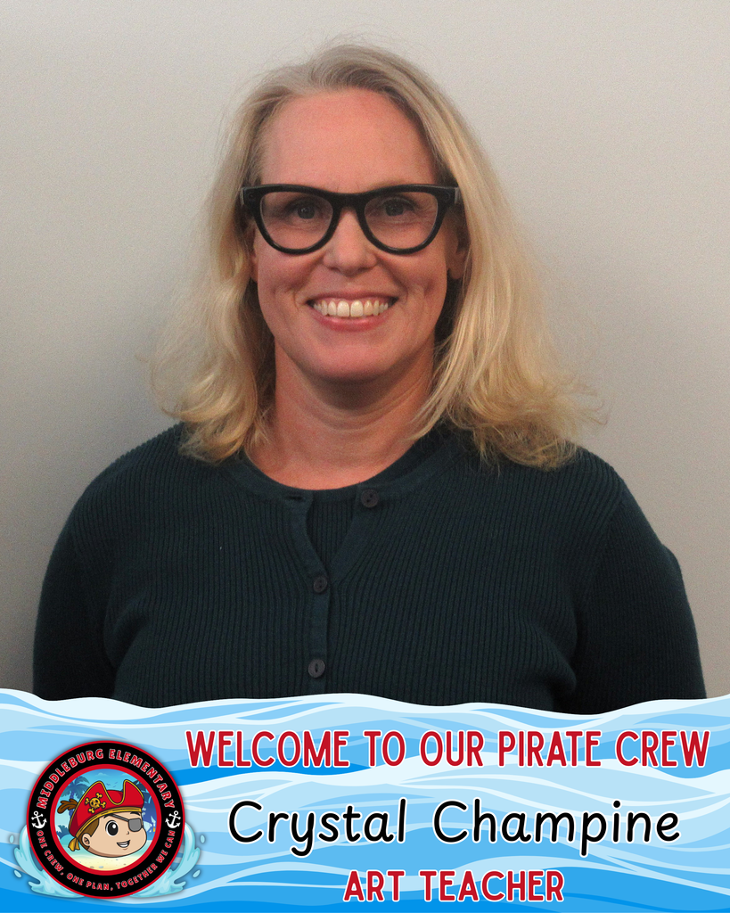 A smiling woman in glasses and a black sweater stands against a light blue background. Text reads "Welcome to our Pirate Crew."