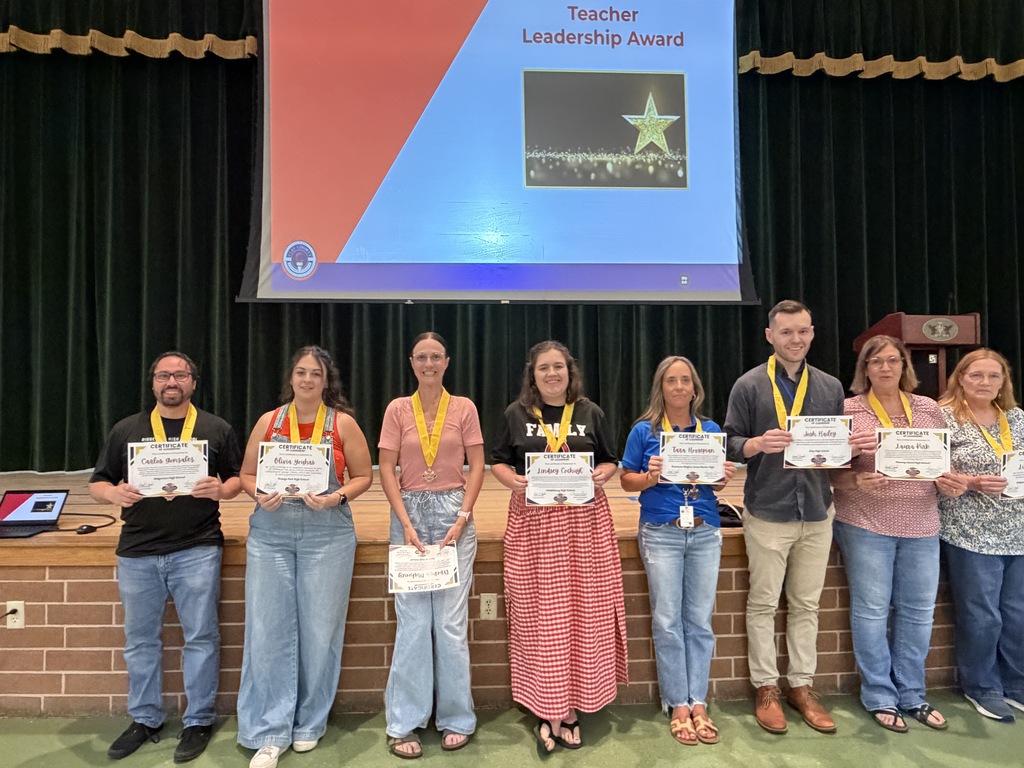 Nine adults wearing medals stand together on a stage. A projector screen behind them shows the words "Teacher Leadership Award."