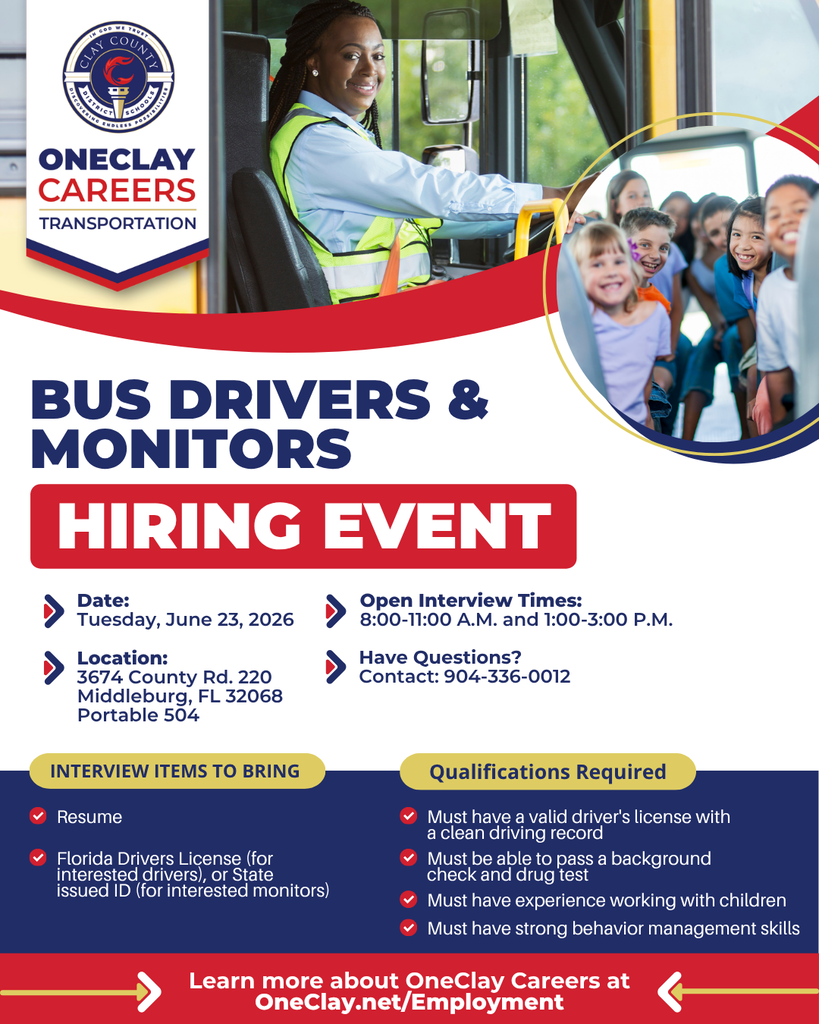 A recruitment poster with blue and red accents displays details about a hiring event for bus drivers and monitors.