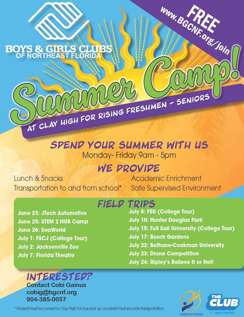 An advertisement poster for Boys & Girls Clubs of Northeast Florida's Summer Camp at Clay High School. Features include dates, activities, and contact information.