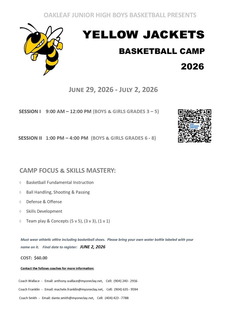 A document with "Oakleaf Junior High Boys Basketball Presents Yellow Jackets Basketball Camp 2026" in the top center. Below it is a bee image. Sessions and dates are listed below.