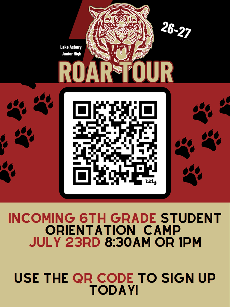 Red and black poster with a tiger logo. It reads "ROAR Tour 26-27" and features a QR code. Below it, there are paw prints.
