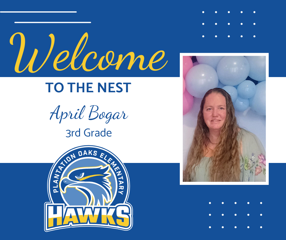 A blue banner reads "Welcome to the Nest" with a photo of April Bogar and the Hawks logo.