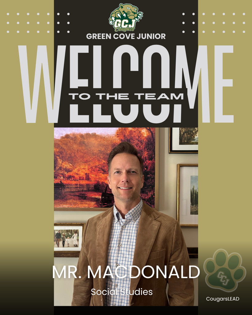 A poster with a brown and green background features Mr. MacDonald, standing in front of a wall with framed pictures.