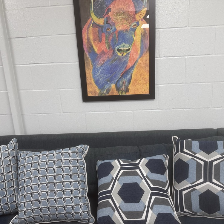 Picture of a couch underneath a bison painting