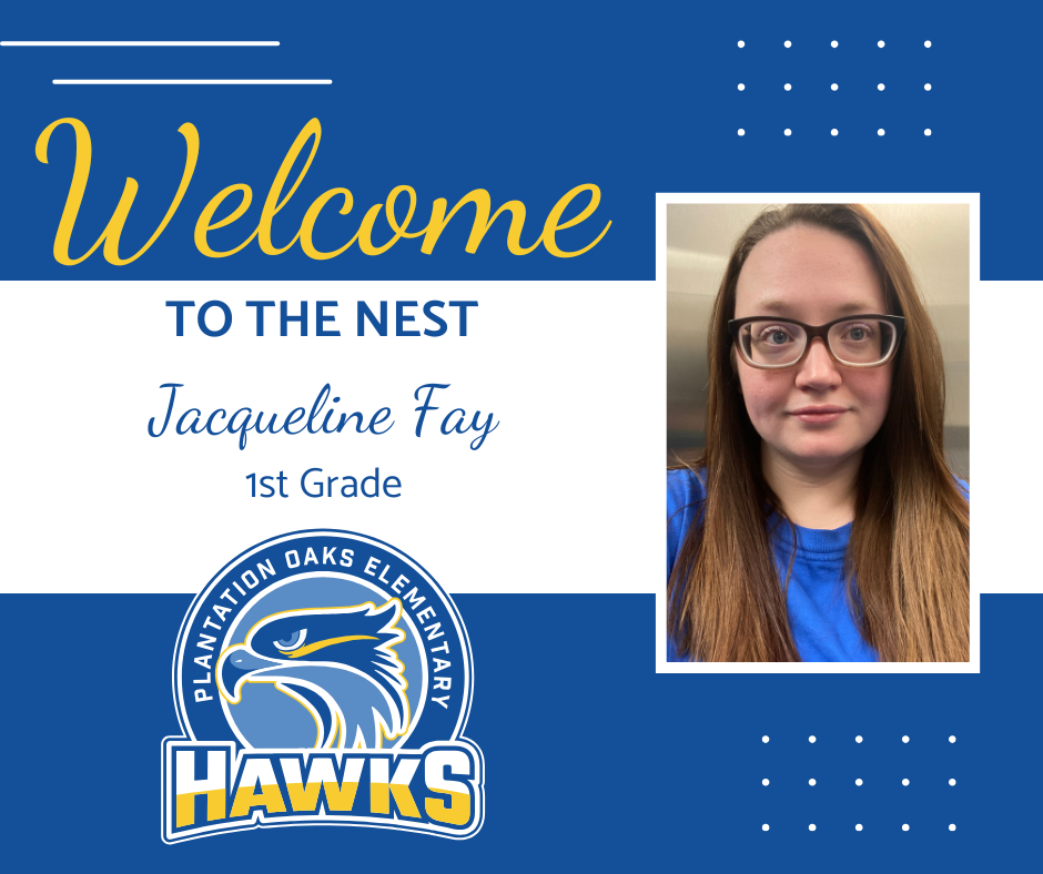 Blue and white design with "Welcome to the Nest" above a photo of a young woman in glasses.