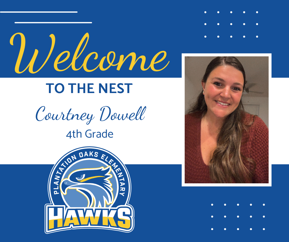Blue and white graphic with the words "Welcome to the Nest" and "Courtney Dowell 4th Grade" accompanied by a photo.