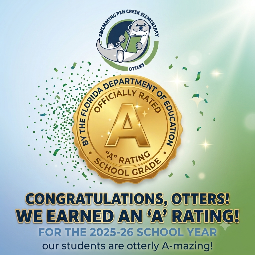 Gold seal with 'A', surrounded by confetti. Text: "Congratulations, Otters! We earned an 'A' rating for 2025-26."