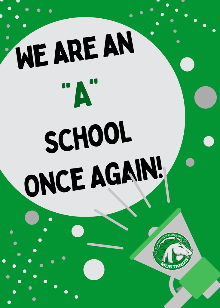 A green poster with a white circle reads, "WE ARE AN 'A' SCHOOL ONCE AGAIN!" A megaphone is placed below.