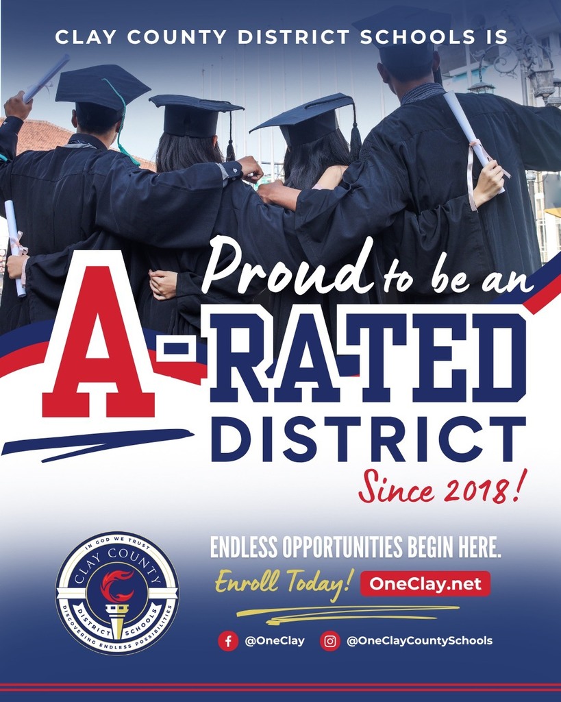 Banner with four students in graduation attire, holding diplomas, with text: "A-rated District Since 2018!"