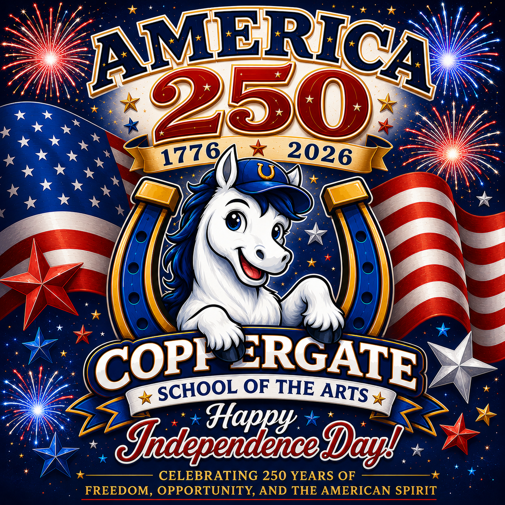 An Independence Day poster featuring a white horse wearing a cap, stars, and fireworks with text.
