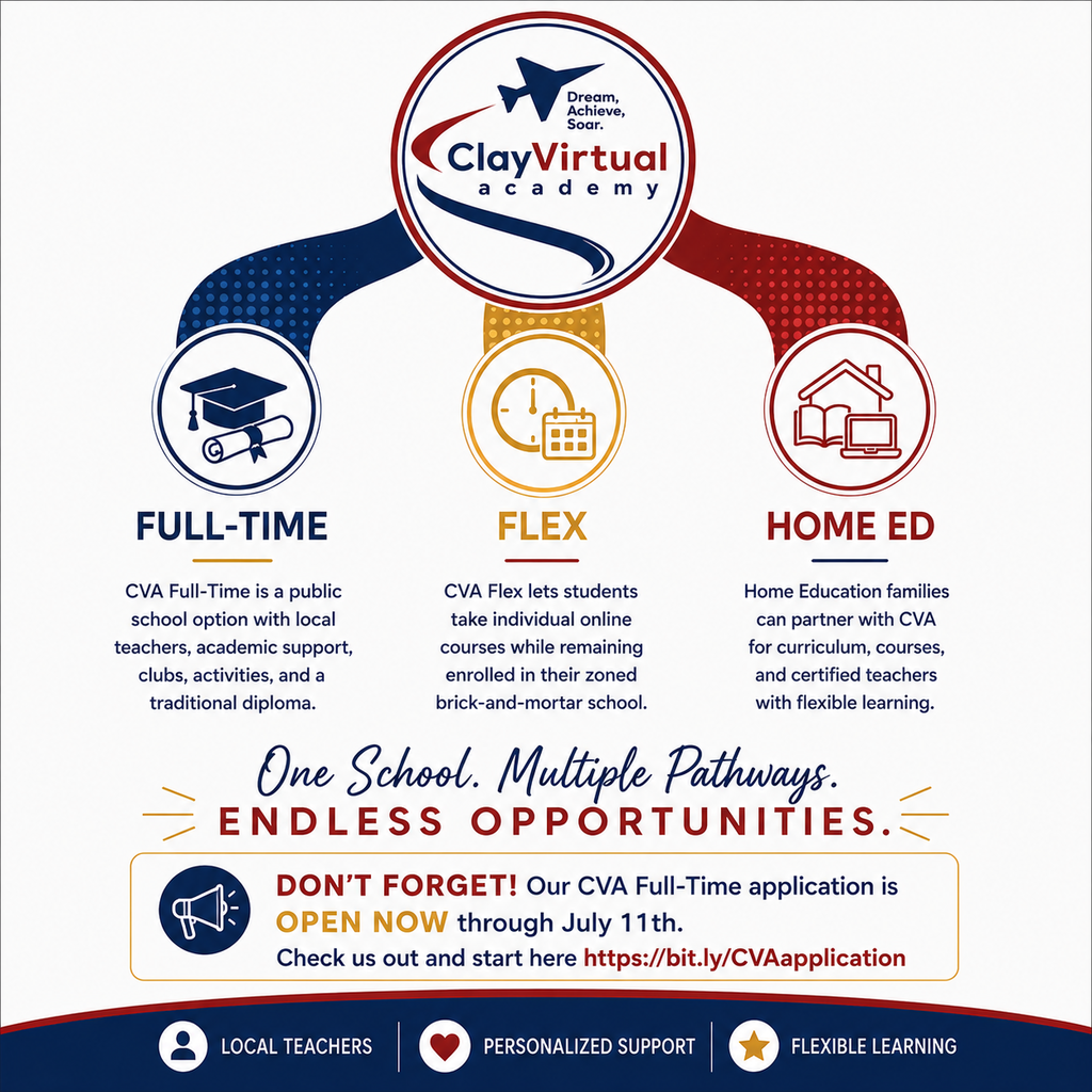 An advertisement displays three education paths: full-time, flex, and home education. Logos and icons represent each option.