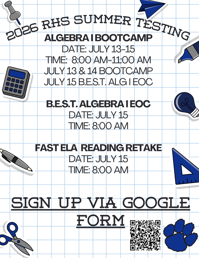 A blue background with white text and icons. A calculator, scissors, ruler, and other tools are displayed. Dates and times for summer testing, including Algebra Bootcamp and Fast ELA Reading Retake.