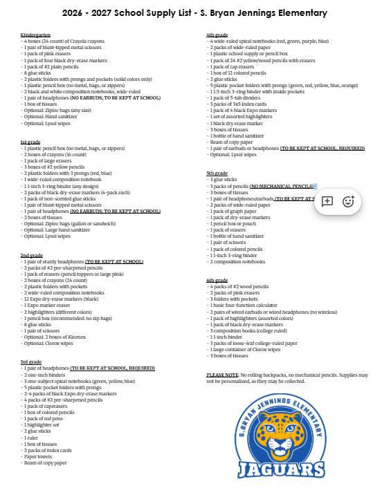 School Supply List