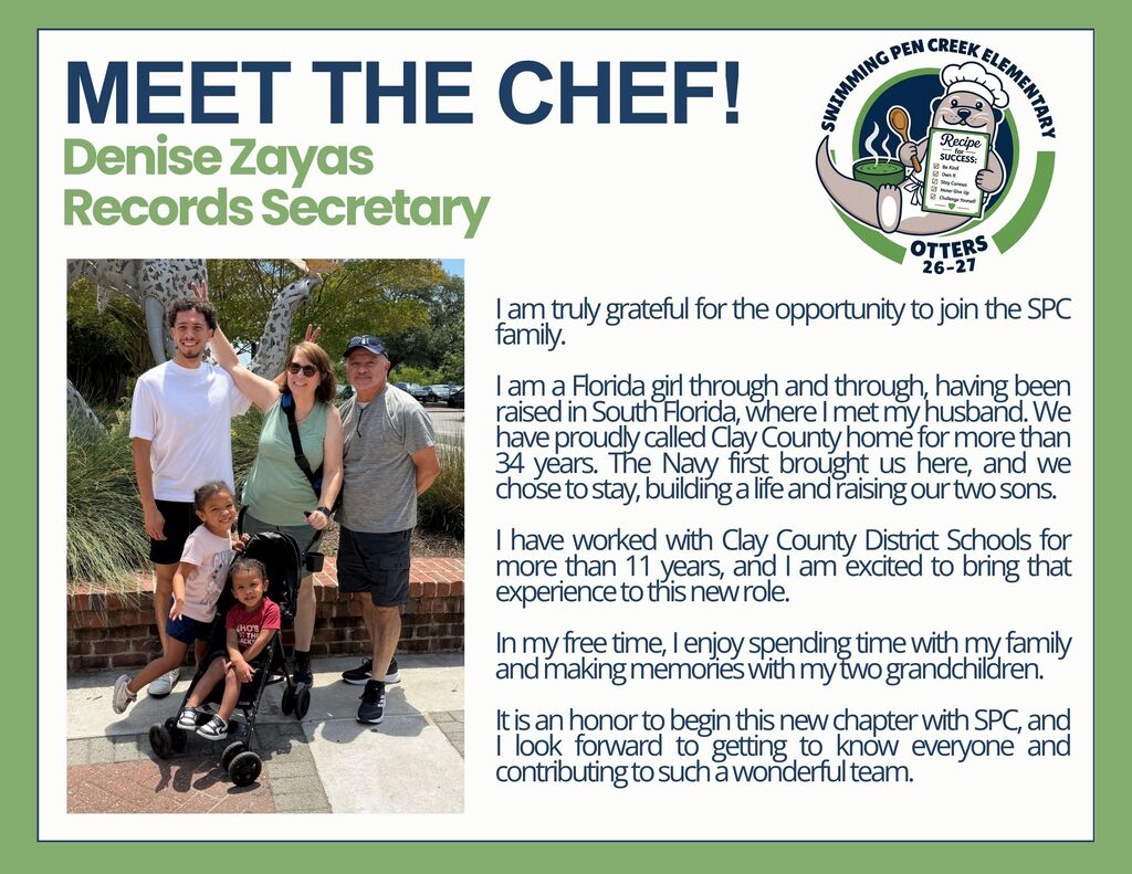 A poster with green borders features a family of four. The text reads "Meet the Chef!" and introduces Denise Zayas, Records Secretary.