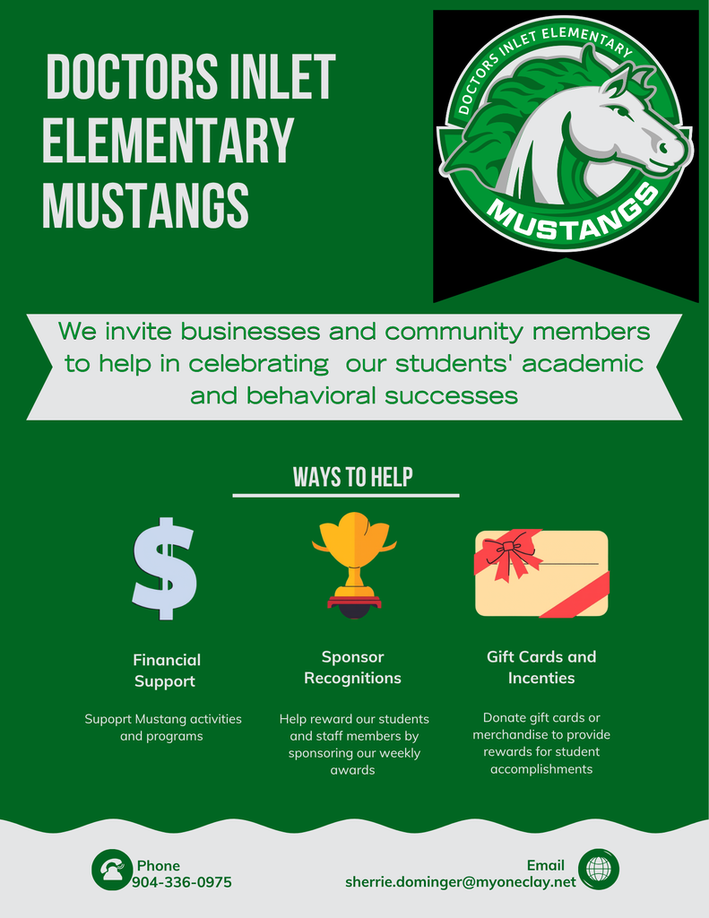 A green-themed poster with text "Doctors Inlet Elementary Mustangs" and logo. Sections for financial support, sponsor recognitions, and gift cards.