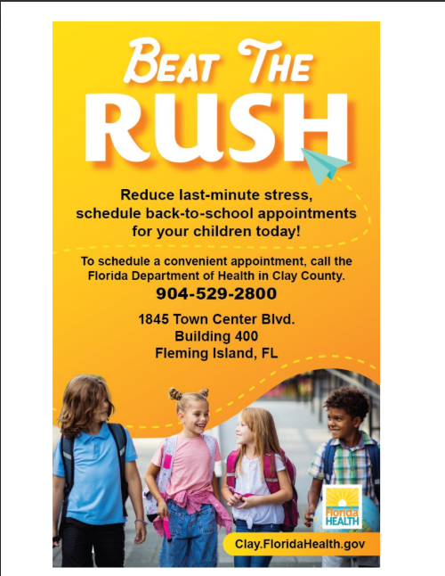 Poster with a yellow background, showing four children, promoting scheduling appointments with the Florida Department of Health in Clay County.