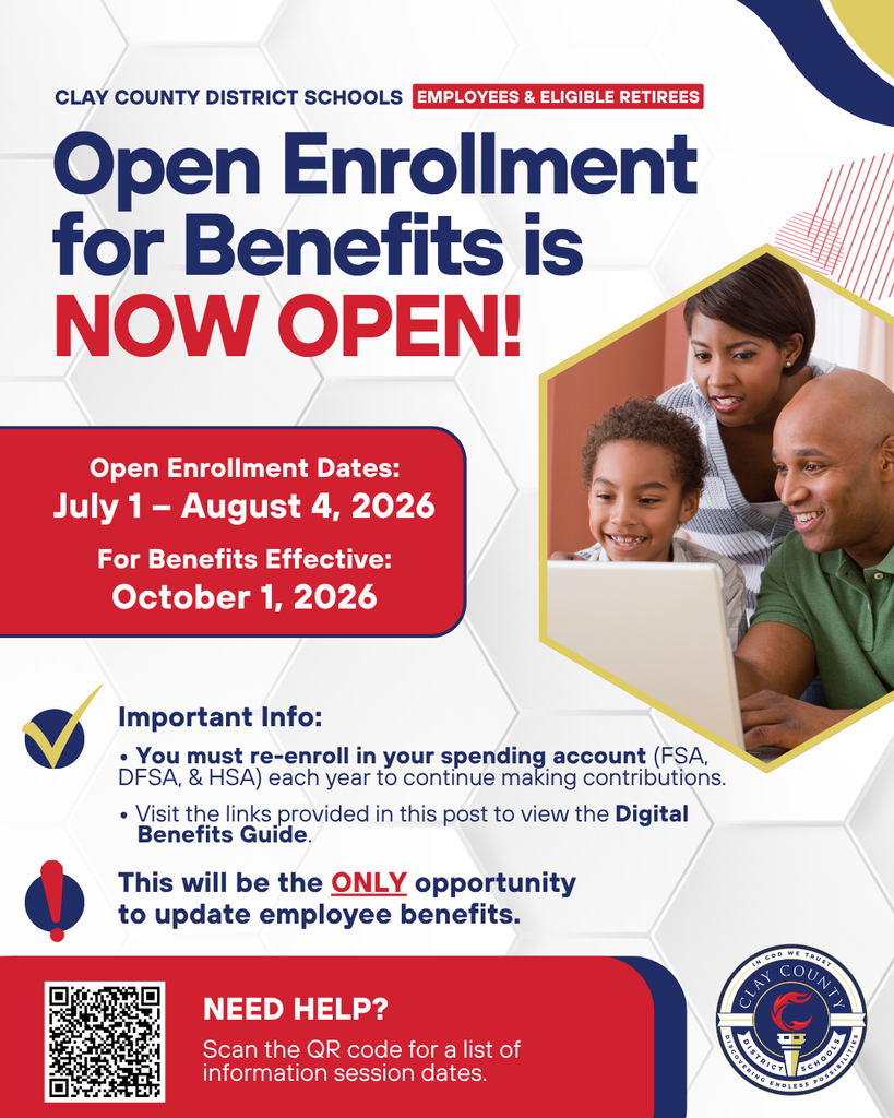 Flyer with a hexagonal background and a family of four. Text: "Open Enrollment for Benefits is NOW OPEN!"
