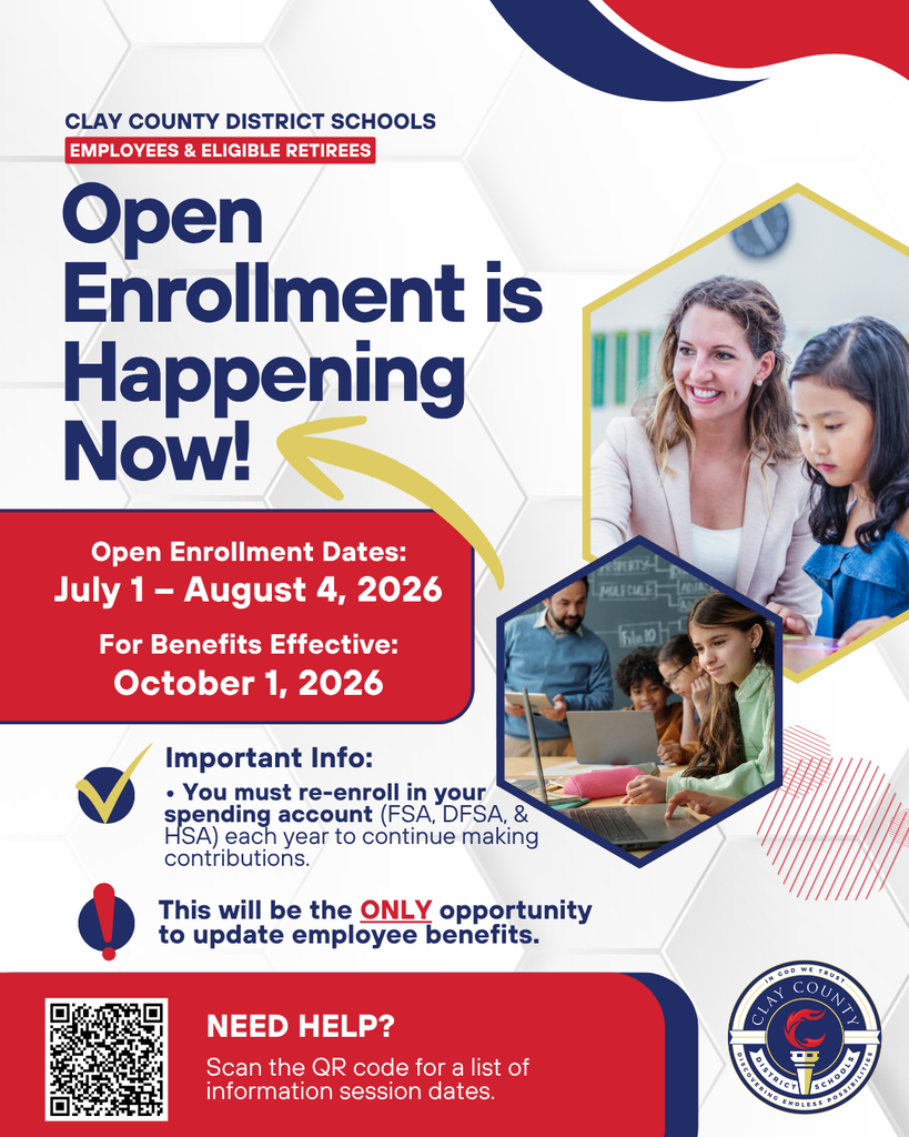 An open enrollment flyer with dates July 1 to August 4, 2026, and October 1, 2026. It mentions the importance of re-enrolling.