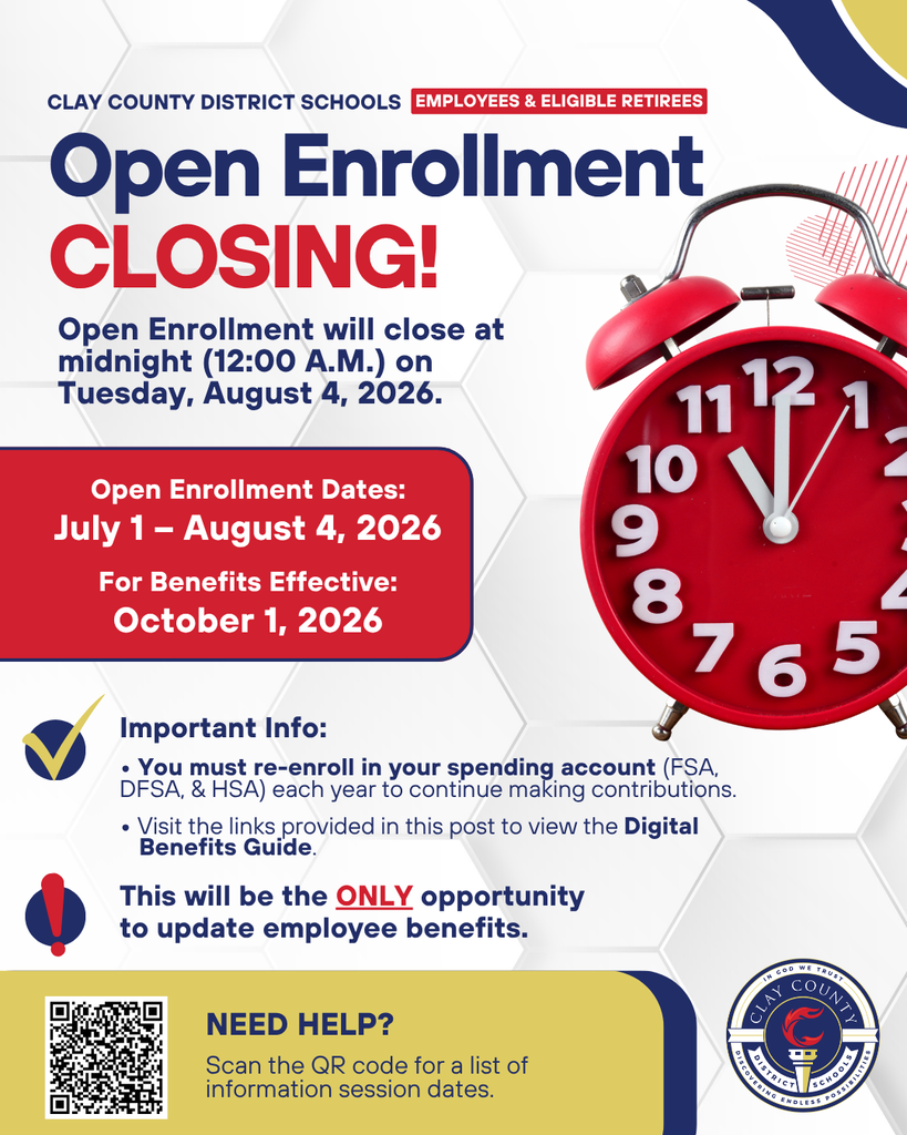 A red clock reads 12:00. Text reads "Open Enrollment CLOSING!" with details about open enrollment dates and benefits.