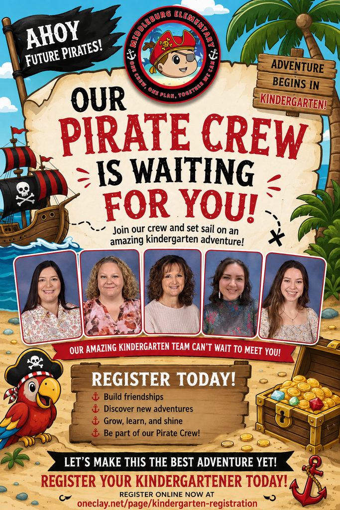 A poster with a pirate crew theme. It shows four women in the foreground. A ship, parrot, treasure chest, and anchor in the background.