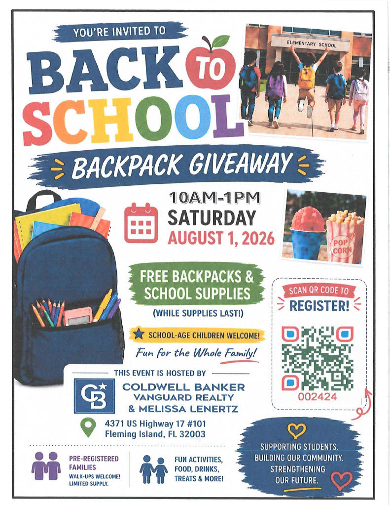 Blue poster for a Back to School event. It features a backpack, a calendar, and a QR code.