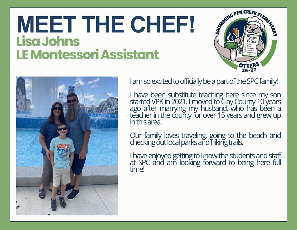 Woman, man, and boy stand by pool. Green border. "Meet the Chef!" and "Lisa Johns LE Montessori Assistant" on top. Logo below.