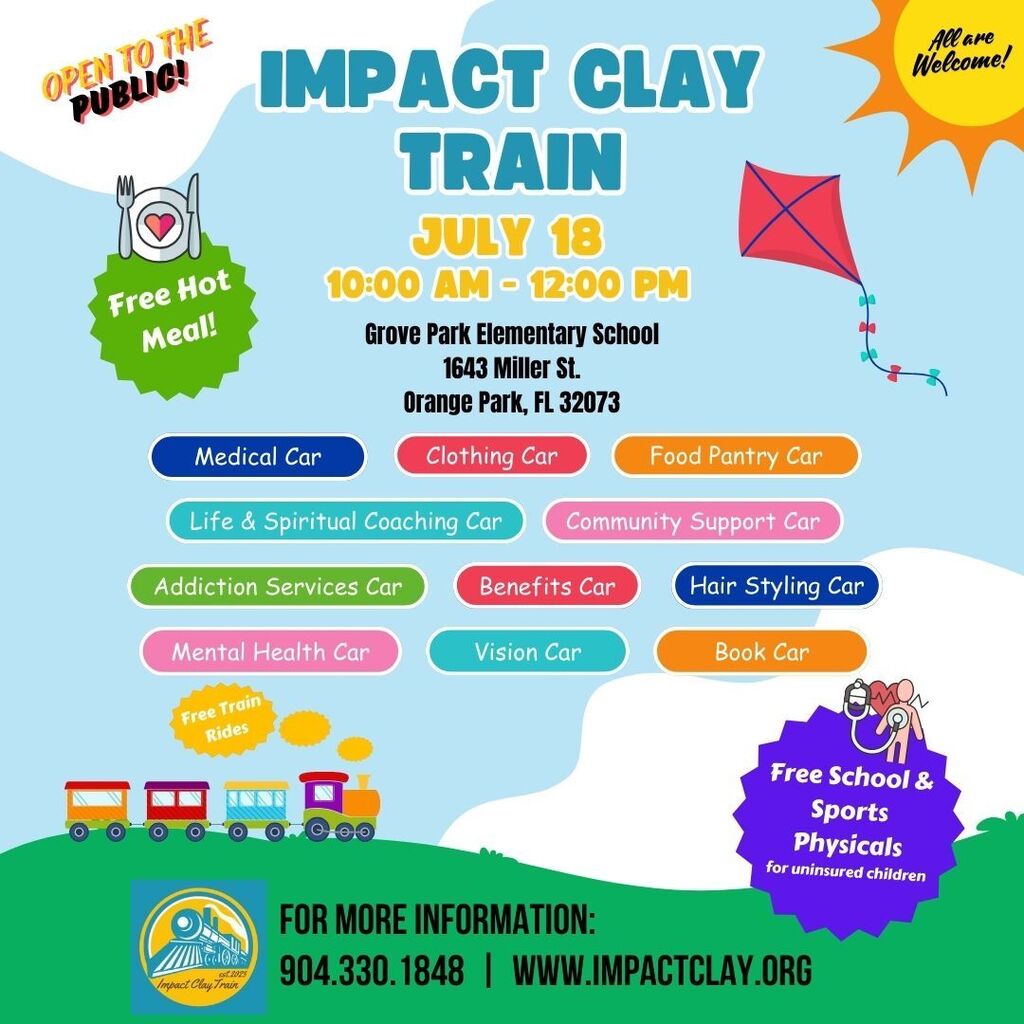 Event flyer with "Impact Clay Train" in bold at top. Various services listed: medical, clothing, food, coaching, benefits, hair styling, vision, and more.