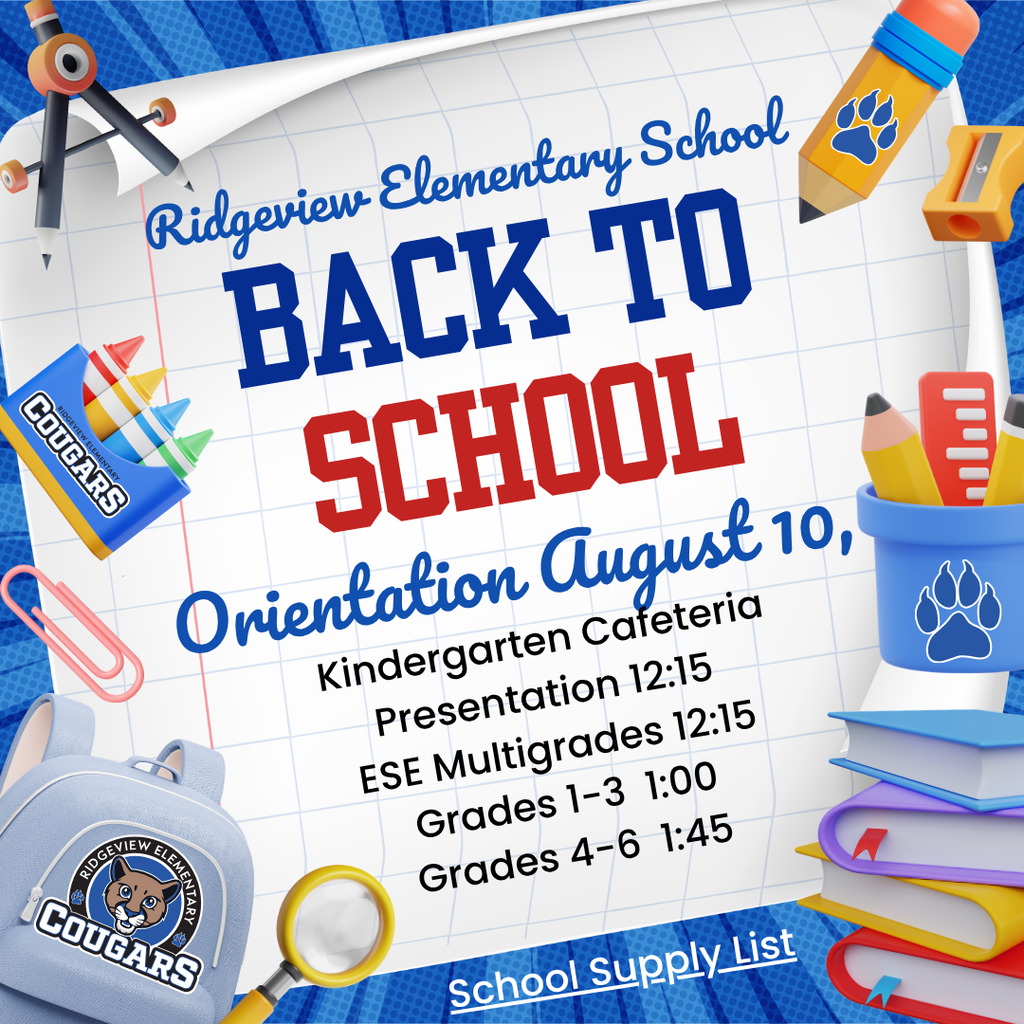 Bright blue background with white lines. Text reads "Back to School". Various school supplies like a pencil, eraser, and ruler are around the text. Kindergarten at 12:15 pm, grades 1-3 at 1:00 pm, and grades 4-6 at 1:45 pm