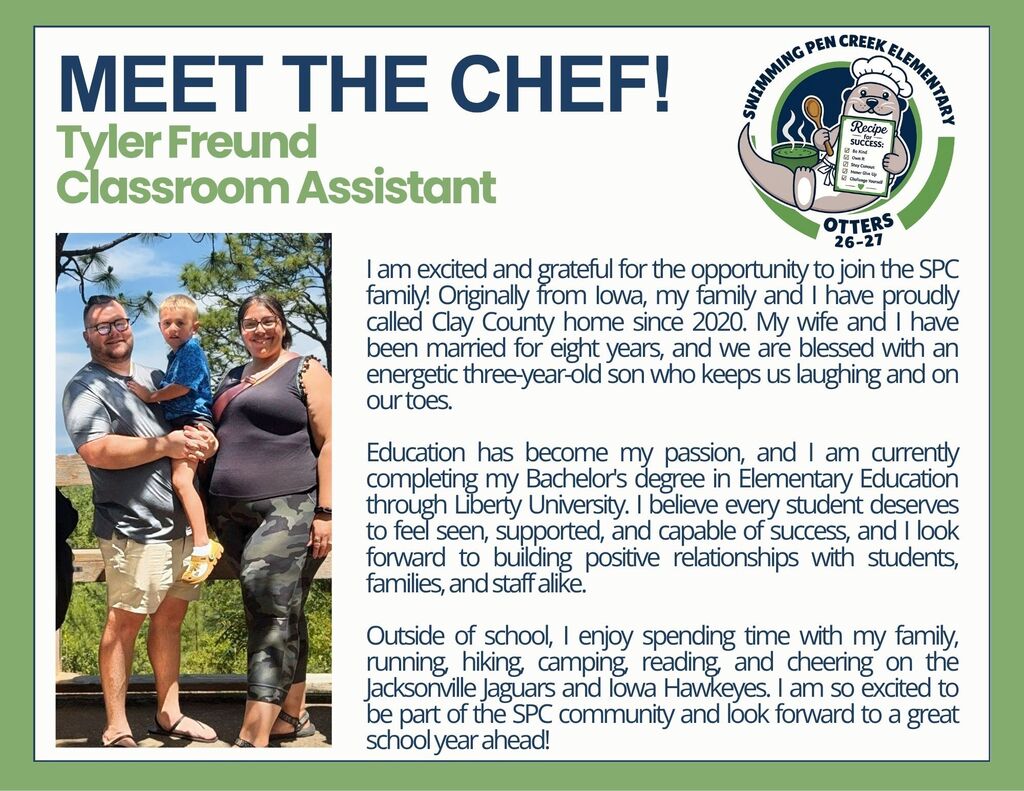 An advertisement with green background and white text. It features a photo of Tyler Freund and family.