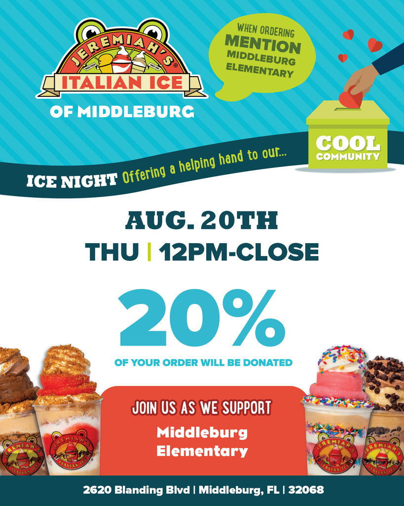 A poster advertises an ice night event, featuring ice cream images. It reads "20% of your order will be donated."