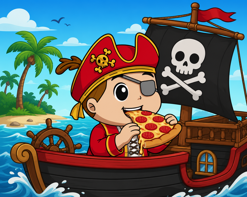 Cartoon pirate boy in red hat and eye patch eats pizza in boat with skull flag. Behind, beach with palm tree and blue sky.