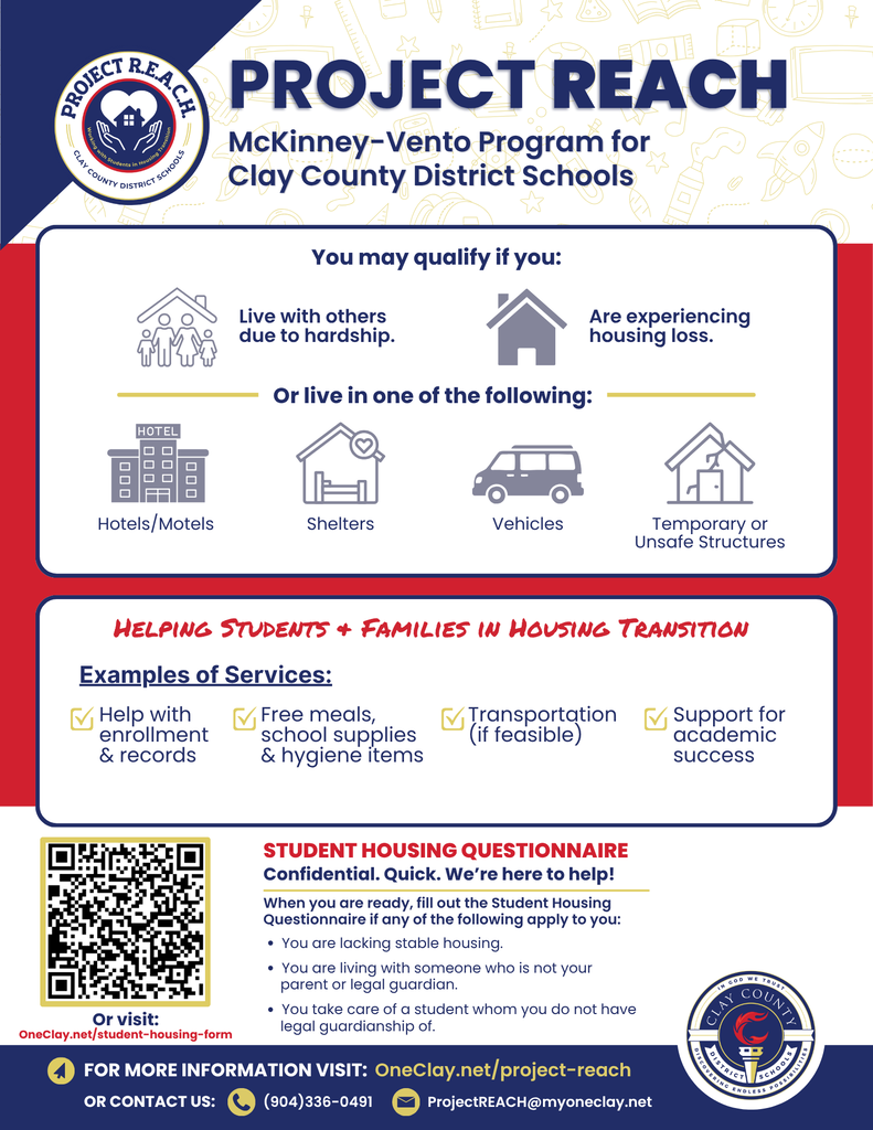 A flyer with red, white, and blue colors, titled "Project Reach." Icons show a house, a shelter, a vehicle, and a temporary structure.