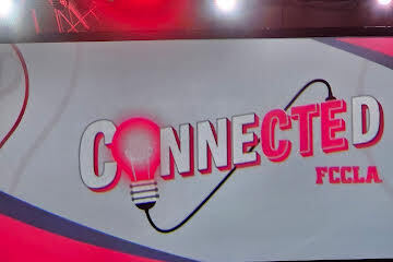 White banner with bold, red-highlighted "CONNECTED FCCLA" and an image of a glowing light bulb connected by wires.