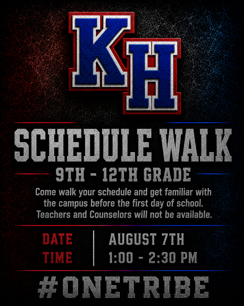 Schedule Walk: 9th-12th Grades. Come walk your schedule and get familiar with the campus before the first day of school. Teachers and Counselors will not be available. August 7th from 1:00PM-2:30PM 